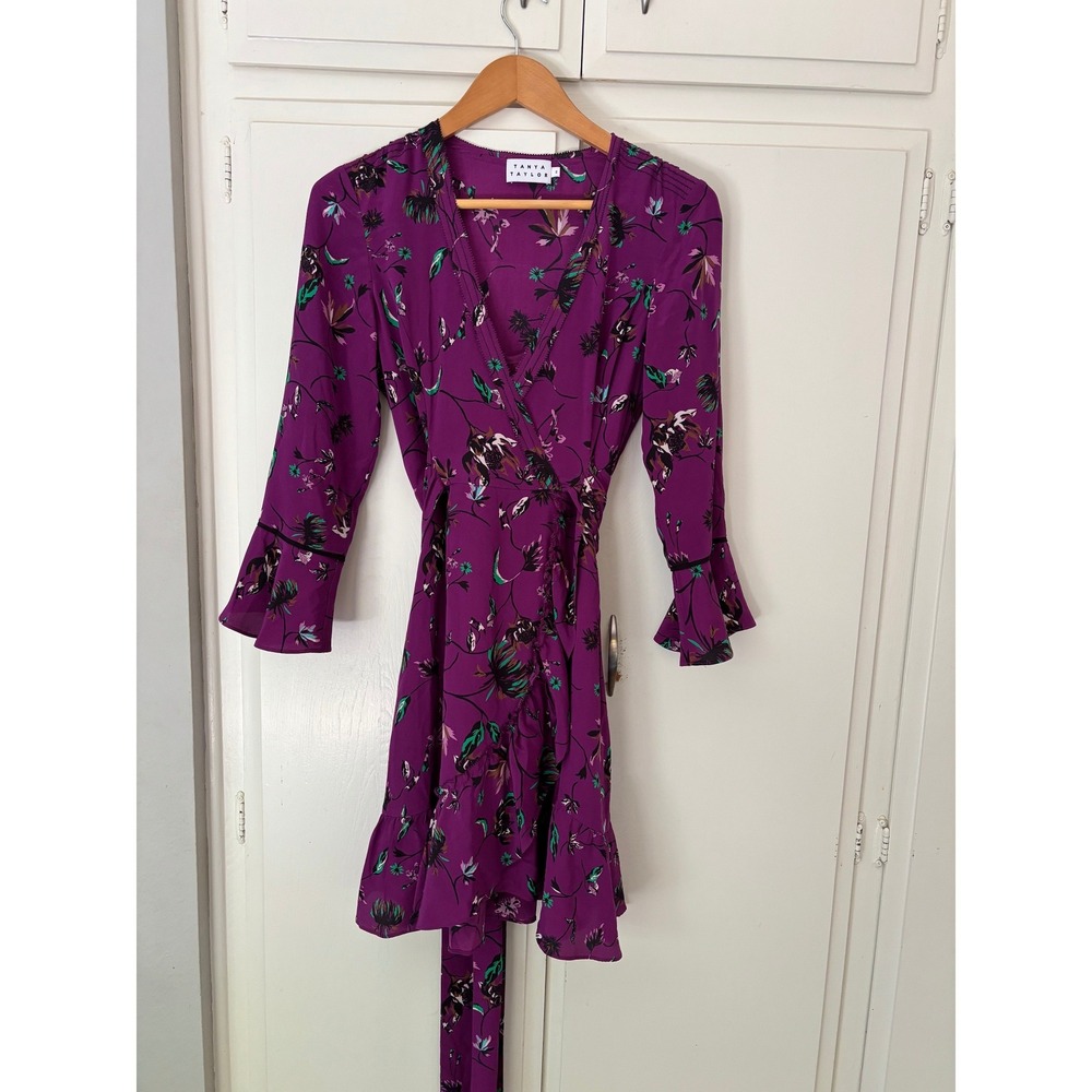 Tanya Taylor Purple Floral Silk Wrap Dress Bell Sleeve Ruffle Hem Size 2